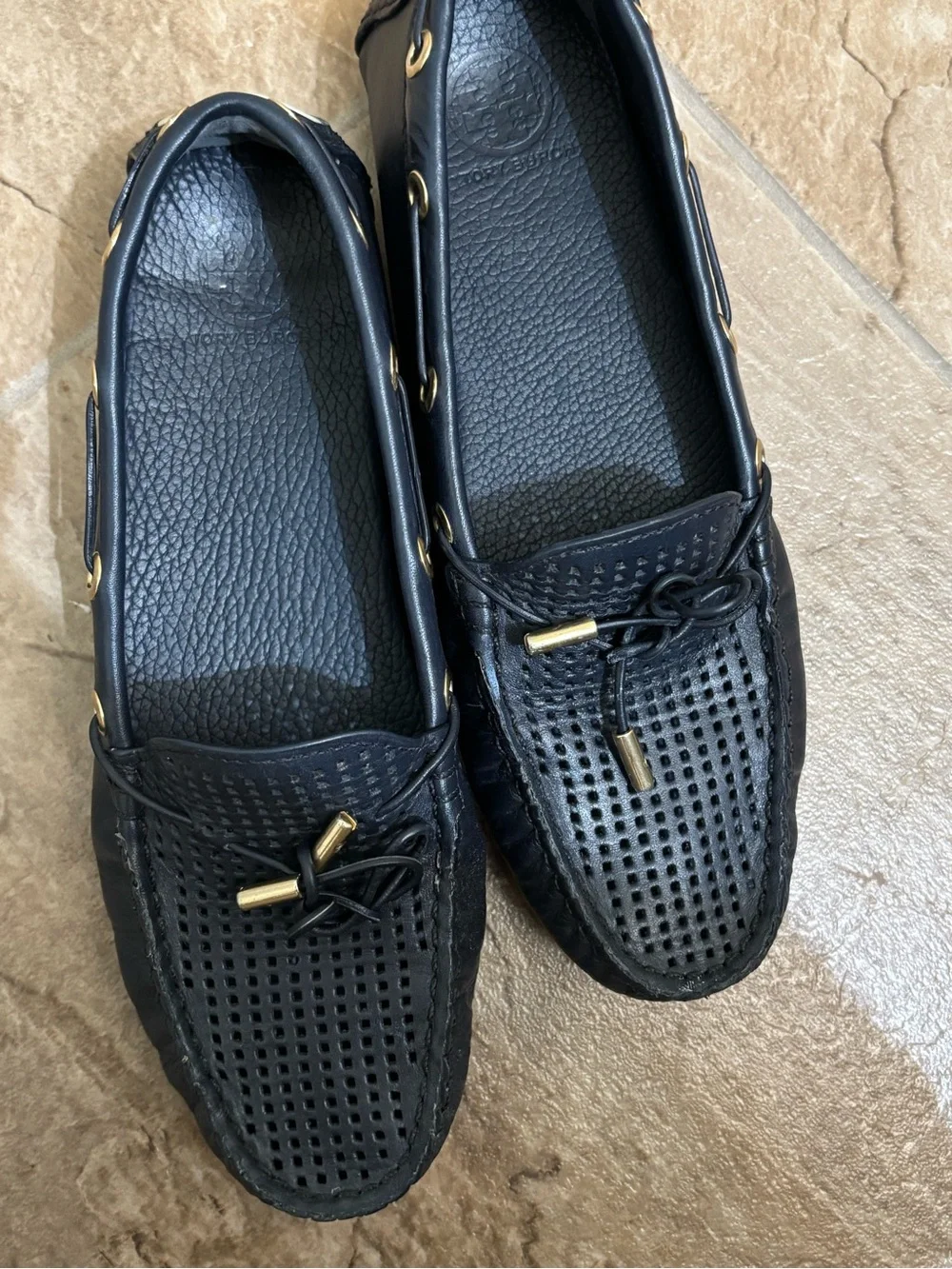 Tory Burch Black Perforated Leather Driving Loafers with Gold Accents